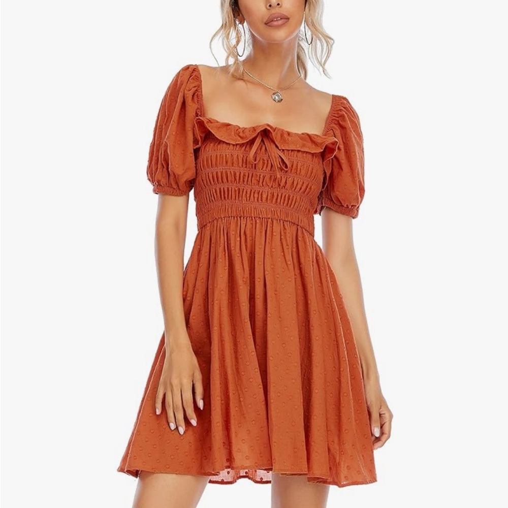 R Vivimos Rust Orange Cotton Puff Sleeve Dress